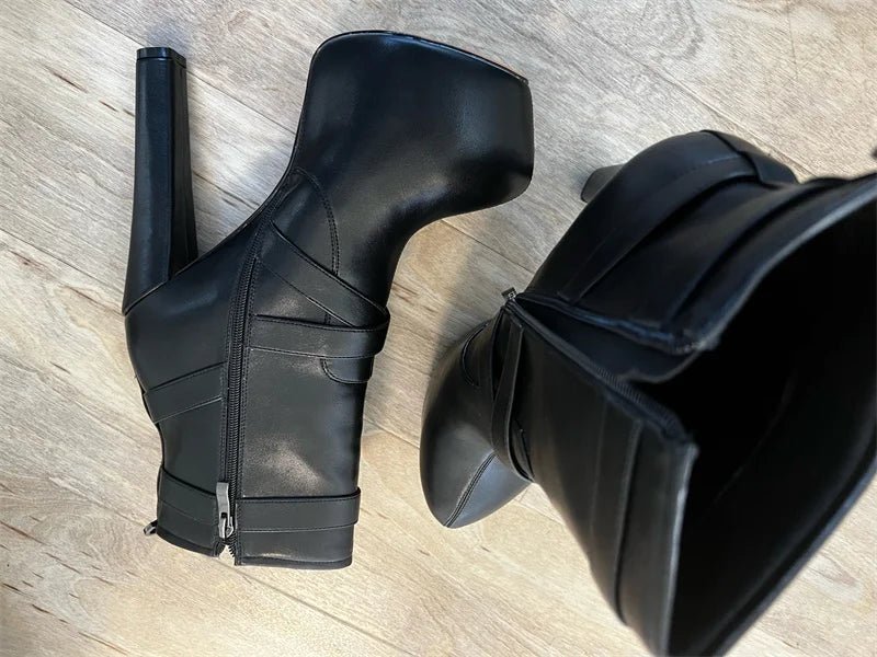 Onlymaker Plattform Knöchel Stiefel Frauen Runde Kappe Kurze Booties Block Chunky High Heel Schwarz Dicken Party Kleid Handgemachte Schuhe - Blockshop.store
