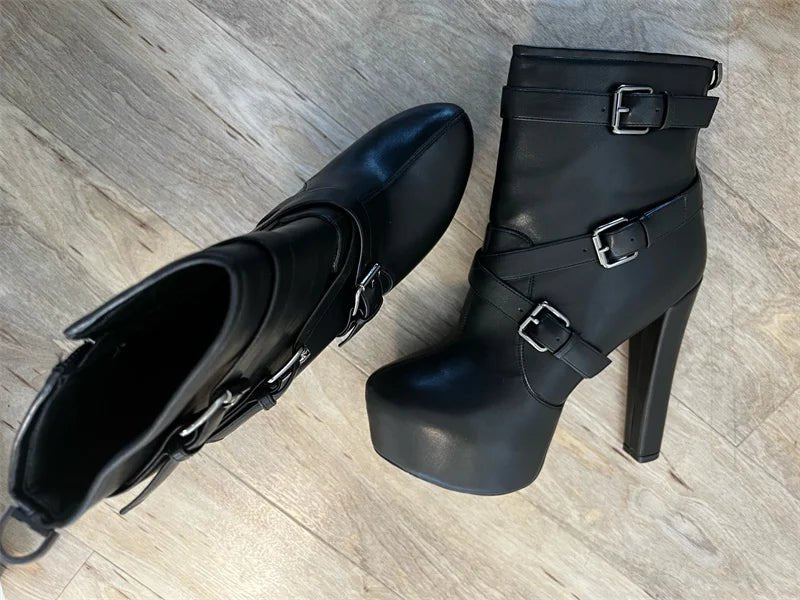 Onlymaker Plattform Knöchel Stiefel Frauen Runde Kappe Kurze Booties Block Chunky High Heel Schwarz Dicken Party Kleid Handgemachte Schuhe - Blockshop.store