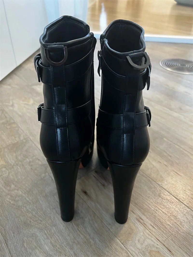 Onlymaker Plattform Knöchel Stiefel Frauen Runde Kappe Kurze Booties Block Chunky High Heel Schwarz Dicken Party Kleid Handgemachte Schuhe - Blockshop.store
