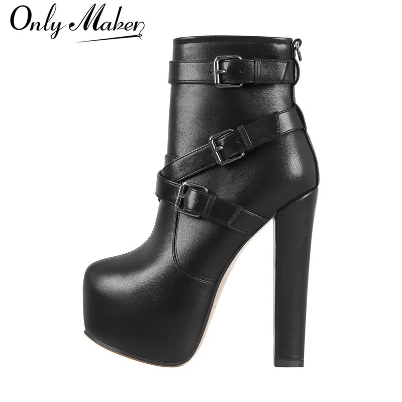Onlymaker Plattform Knöchel Stiefel Frauen Runde Kappe Kurze Booties Block Chunky High Heel Schwarz Dicken Party Kleid Handgemachte Schuhe - Blockshop.store
