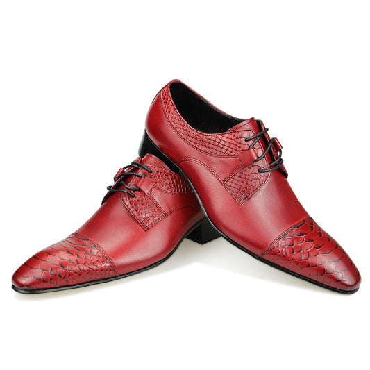 Fashion Derby Shoes Men Formal Business Office Vintage Designer Red Black Shoe Lace Up Pointed Toe Wedding Genuine Leather Shoes