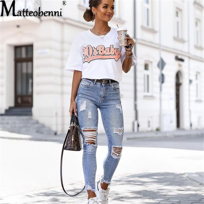 Ripped Light Blue Jeans Pencil Pants Retro Jeans
