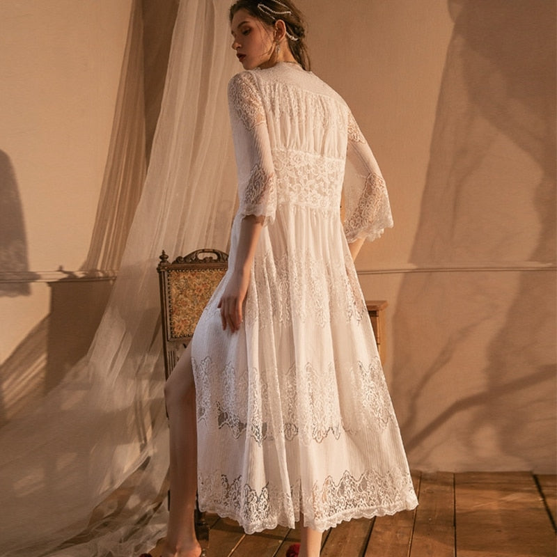Vintage Nightgowns Lace Women Autumn Robe Nightie V Neck Long Night Dress Wear Romantic Lolita Sleepwear Nightdress