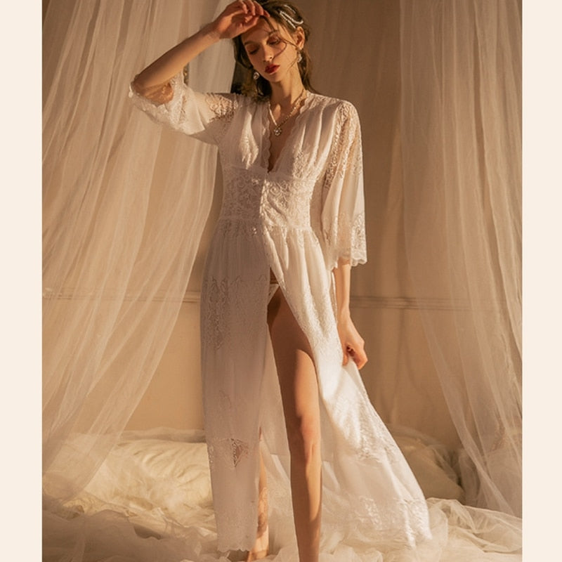 Vintage Nightgowns Lace Women Autumn Robe Nightie V Neck Long Night Dress Wear Romantic Lolita Sleepwear Nightdress