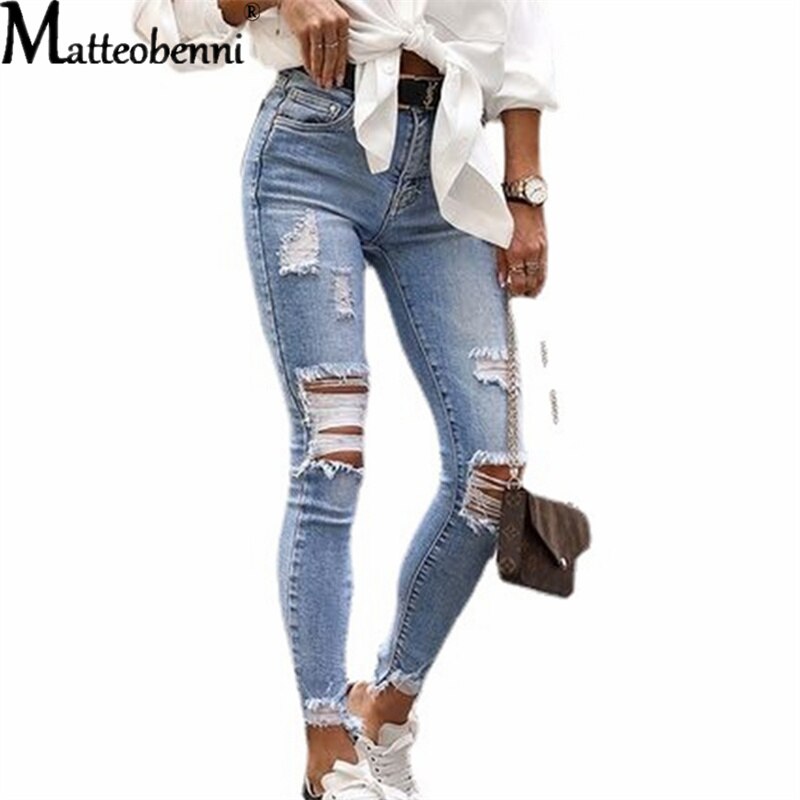 Ripped Light Blue Jeans Pencil Pants Retro Jeans