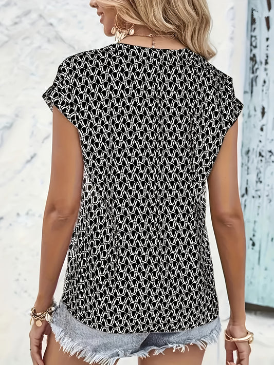 Plus Size Casual Blouse, Women's Plus Geometrical Print Short Sleeve Notched Neck Top