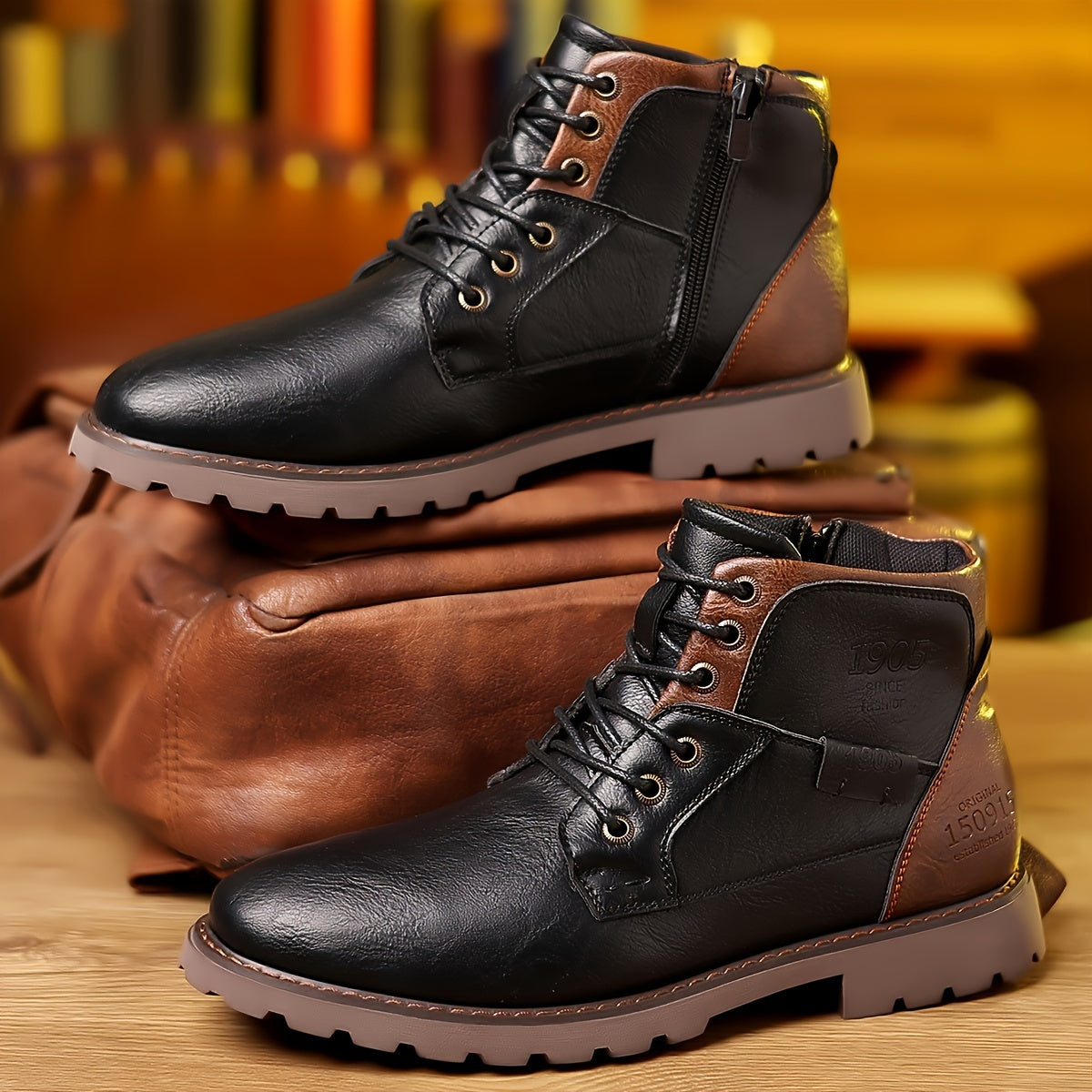 Men's Vintage-Inspired Casual Boots - Lace-Up, Non-Slip Rubber Sole, All-Season Wear