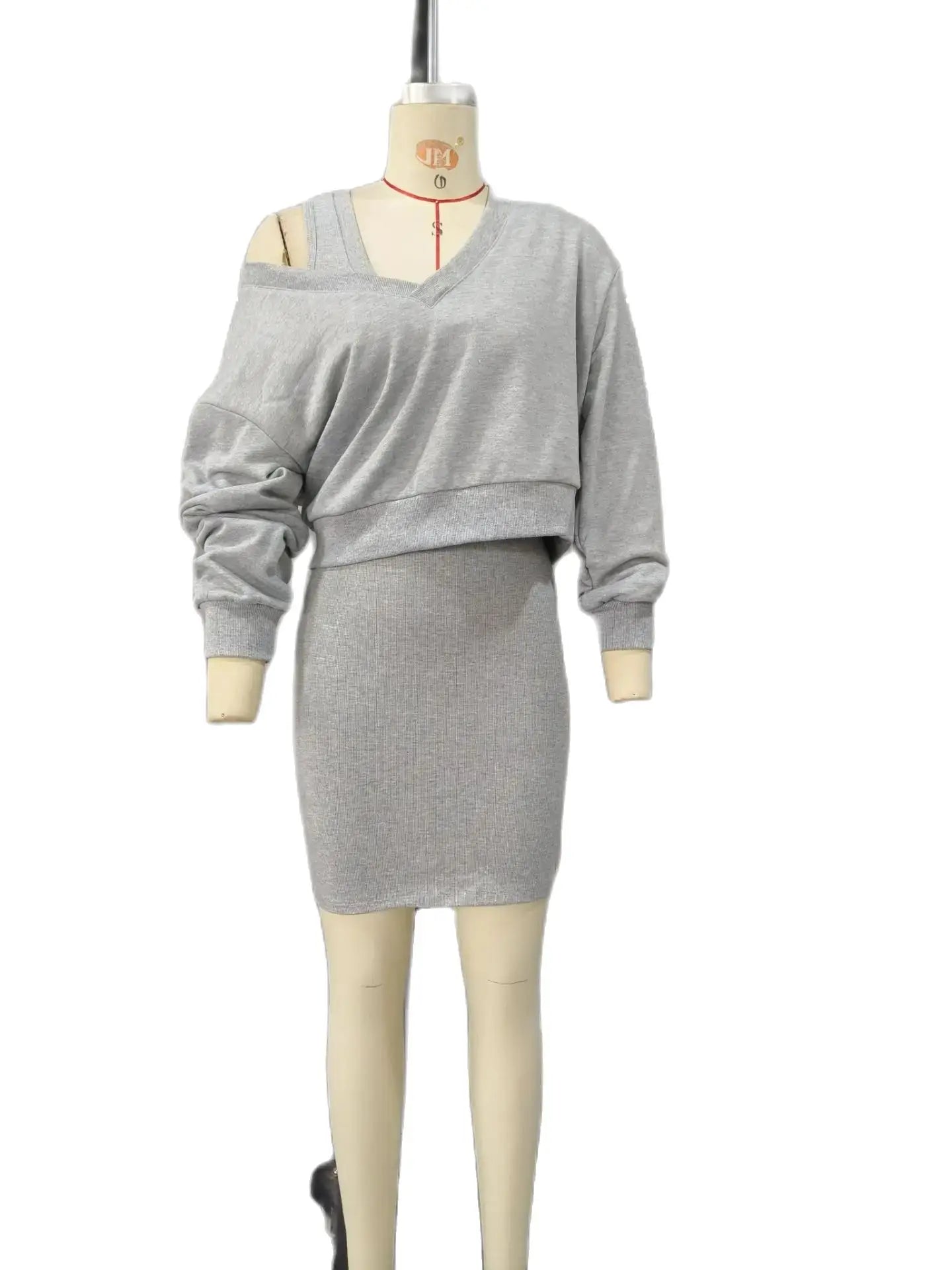 2 Stück V - Ausschnitt Langarm lässig Sweatshirt & dicken Riemen Bodycon Kleid Set - Blockshop.store