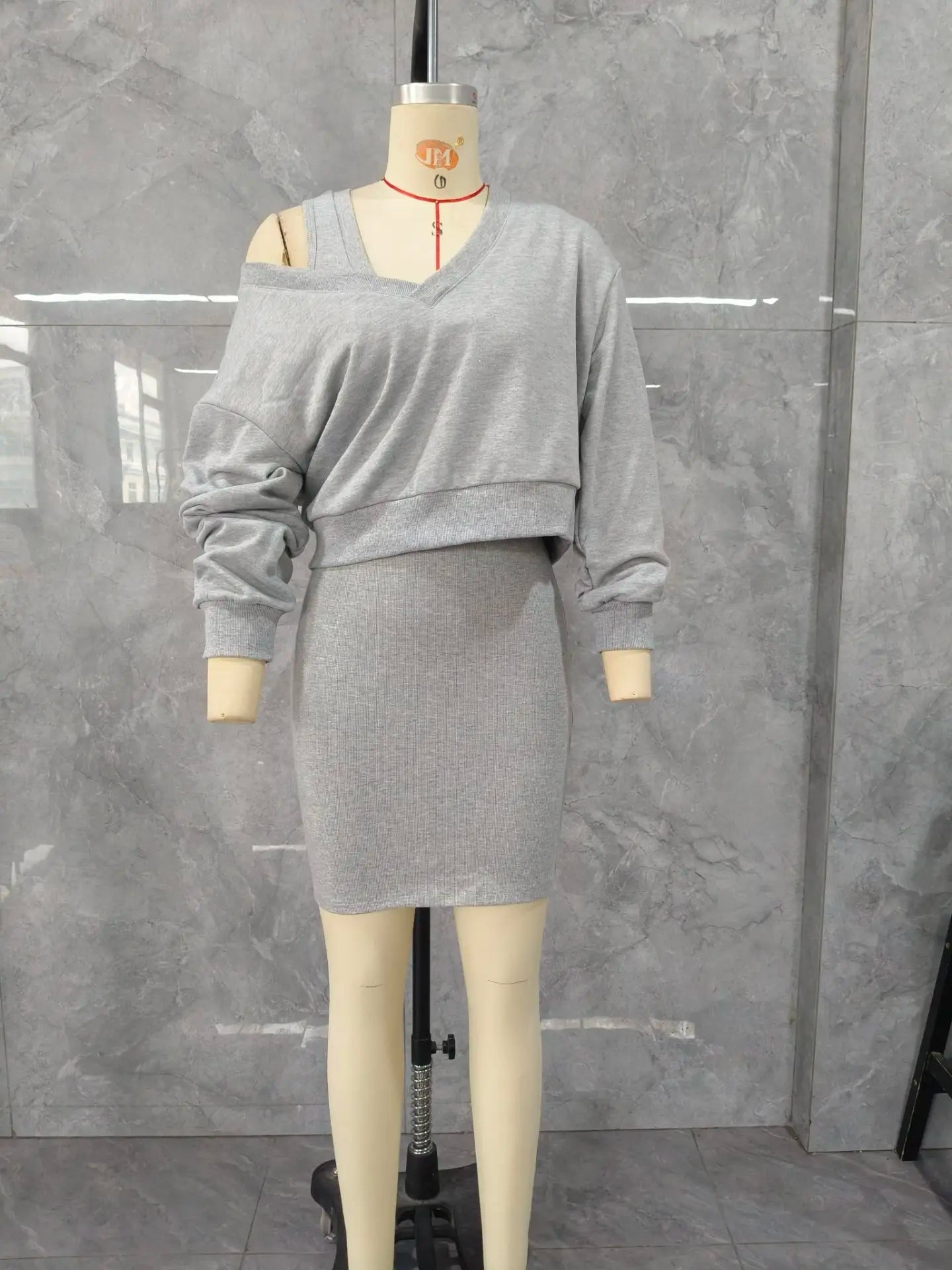 2 Stück V - Ausschnitt Langarm lässig Sweatshirt & dicken Riemen Bodycon Kleid Set - Blockshop.store