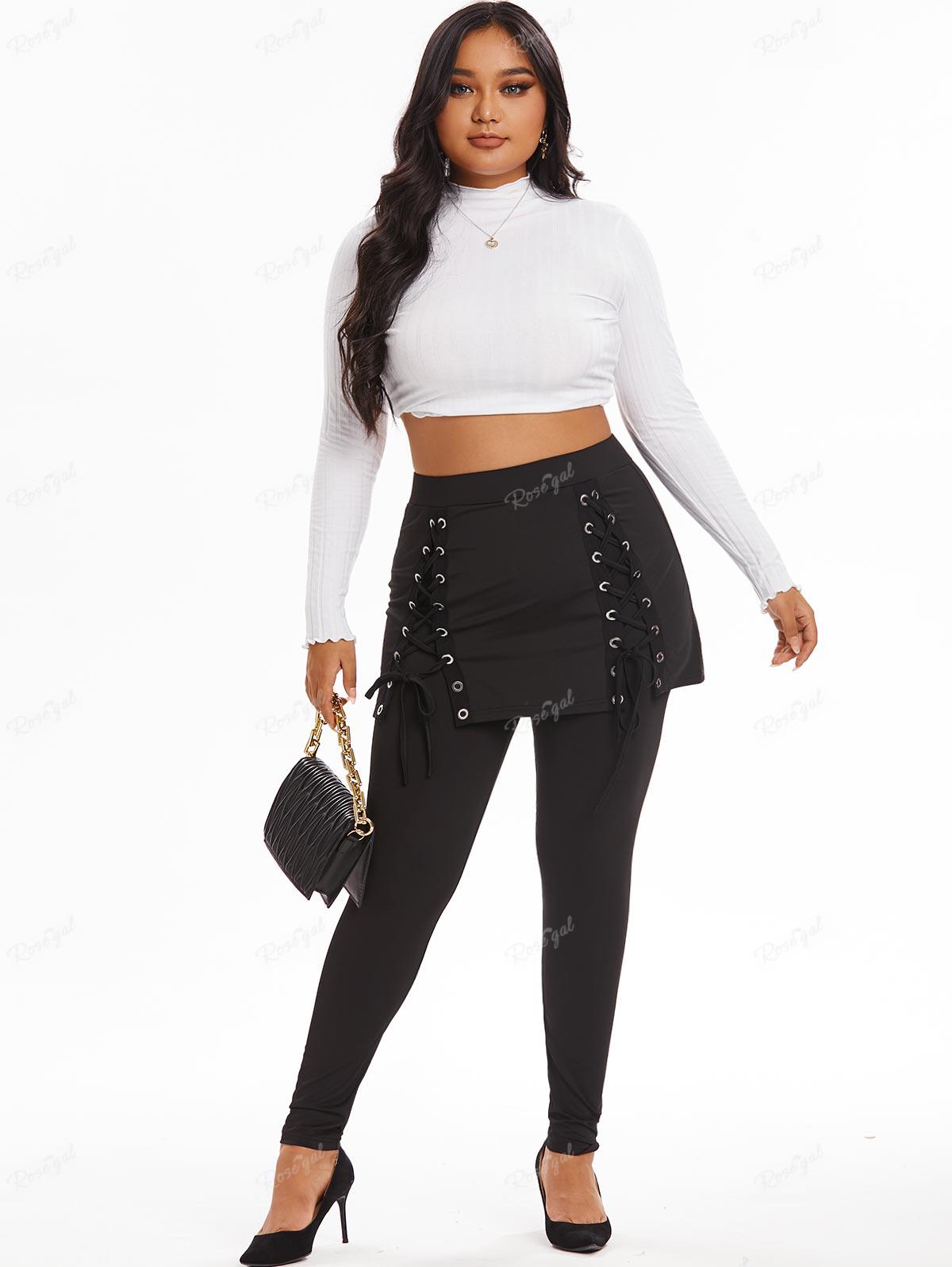 Ros gal Plus Size Frauen Herbst Winter Röhren hose schwarze Hose Mujer hohe Taille Schnürung 2 in 1 Rock Leggings gefälschte zweiteilig