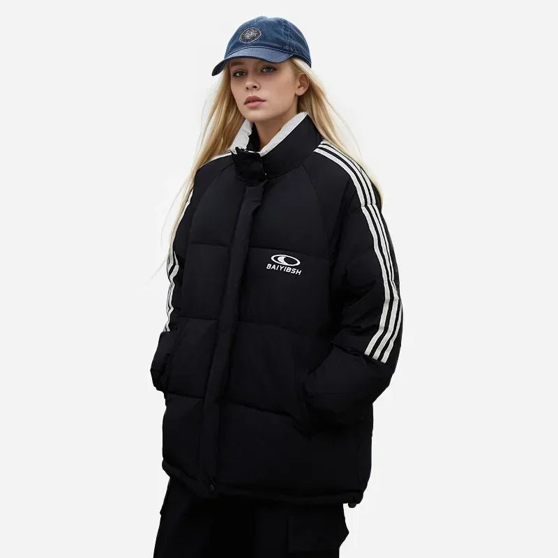 2024 amerikanische Stil Vintage gestreifte dicke Daunen Baumwolle gepolsterte Jacke für Frauen Winter trend ige Marke Paar warme Puffer Mäntel - Blockshop.store