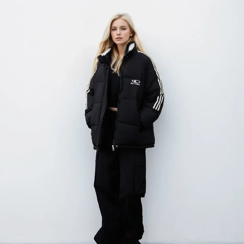 2024 amerikanische Stil Vintage gestreifte dicke Daunen Baumwolle gepolsterte Jacke für Frauen Winter trend ige Marke Paar warme Puffer Mäntel - Blockshop.store