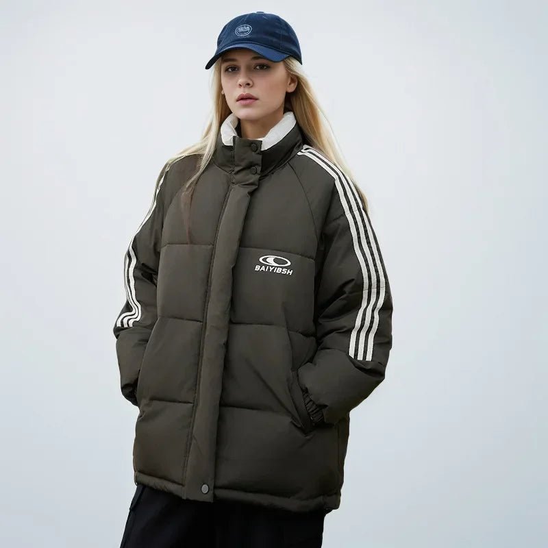 2024 amerikanische Stil Vintage gestreifte dicke Daunen Baumwolle gepolsterte Jacke für Frauen Winter trend ige Marke Paar warme Puffer Mäntel - Blockshop.store