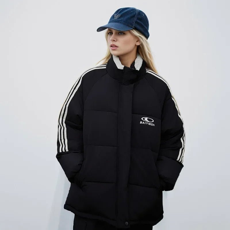 2024 amerikanische Stil Vintage gestreifte dicke Daunen Baumwolle gepolsterte Jacke für Frauen Winter trend ige Marke Paar warme Puffer Mäntel - Blockshop.store