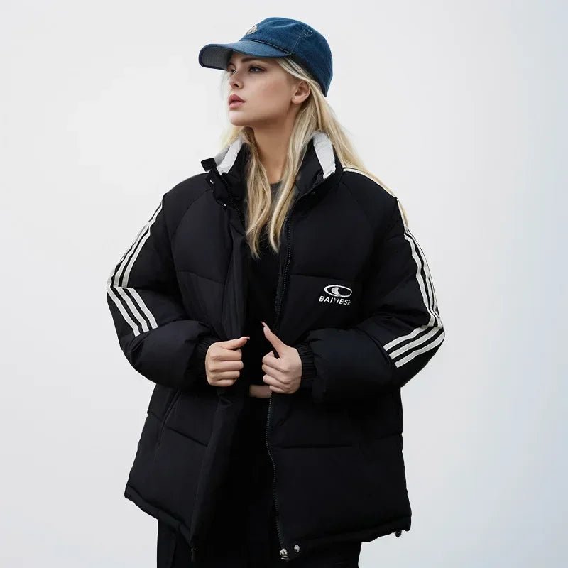 2024 amerikanische Stil Vintage gestreifte dicke Daunen Baumwolle gepolsterte Jacke für Frauen Winter trend ige Marke Paar warme Puffer Mäntel - Blockshop.store