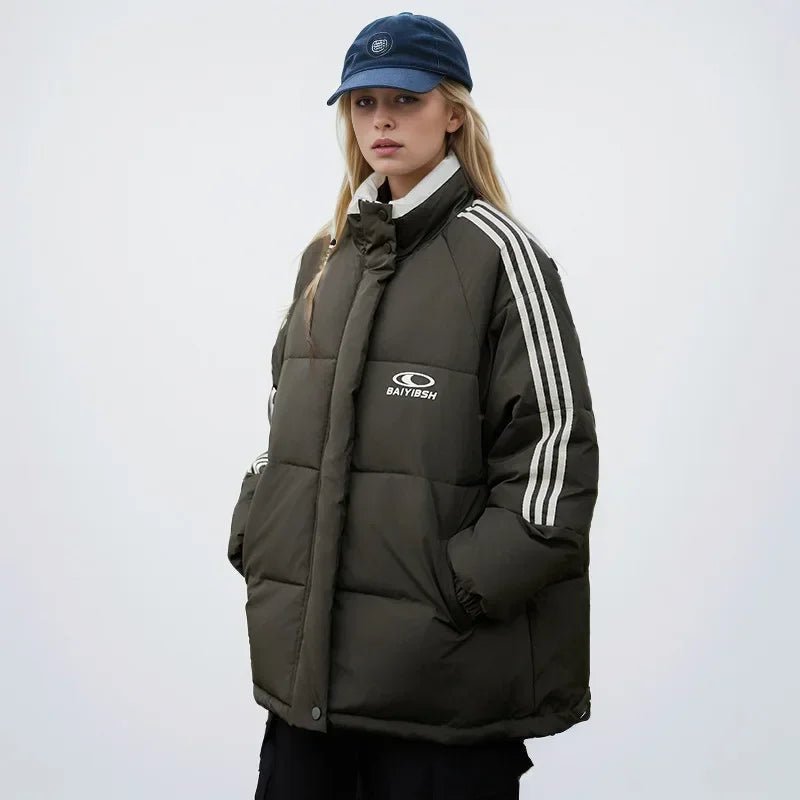 2024 amerikanische Stil Vintage gestreifte dicke Daunen Baumwolle gepolsterte Jacke für Frauen Winter trend ige Marke Paar warme Puffer Mäntel - Blockshop.store