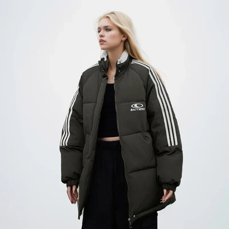 2024 amerikanische Stil Vintage gestreifte dicke Daunen Baumwolle gepolsterte Jacke für Frauen Winter trend ige Marke Paar warme Puffer Mäntel - Blockshop.store
