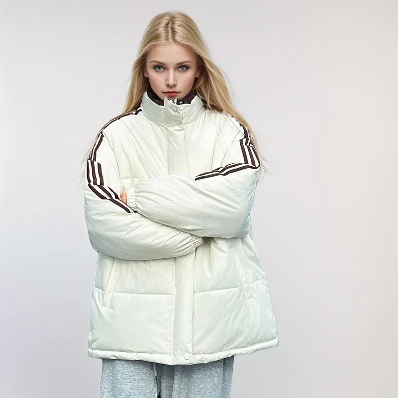 2024 amerikanische Stil Vintage gestreifte dicke Daunen Baumwolle gepolsterte Jacke für Frauen Winter trend ige Marke Paar warme Puffer Mäntel - Blockshop.store