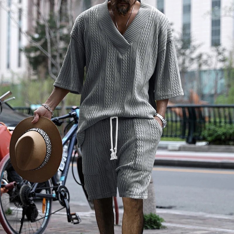 2024 cross - border spring and summer new European and American casual loose three - quarter sleeve jacquard knitwear tops shorts me - Blockshop.store