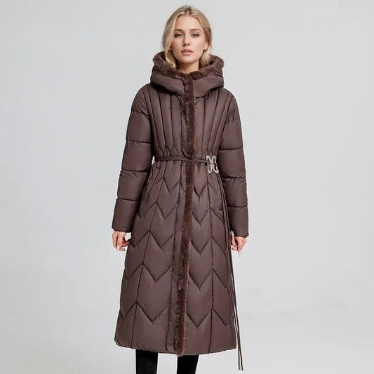 2024 Frau Winter Daunen Baumwoll jacke langen Mantel mit Gürtel neue Kapuzen taschen Reiß verschluss dicke warme weibliche Kapuze gepolsterte Parkas - Blockshop.store