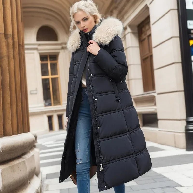 2024 Frauen neue Jacke Parkas Pelz kragen Daunen Baumwoll jacke Winter Kapuze lange Parka warme weibliche gepolsterte Jacke Freizeit Outwear - Blockshop.store