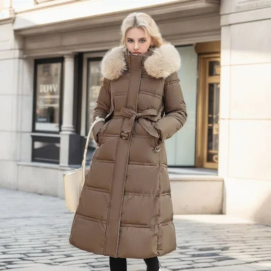 2024 Frauen neue Jacke Parkas Pelz kragen Daunen Baumwoll jacke Winter Kapuze lange Parka warme weibliche gepolsterte Jacke Freizeit Outwear - Blockshop.store