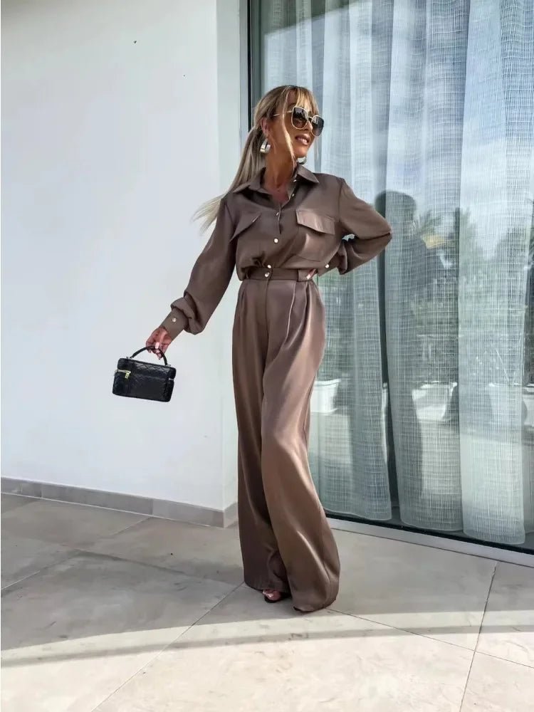 2024 Herbst Pendler elegant 2 Stück Anzug Frauen Frühling Einreiher Revers Shirt weites Bein Hosen Outfit glatte Satin Damen Sets - Blockshop.store