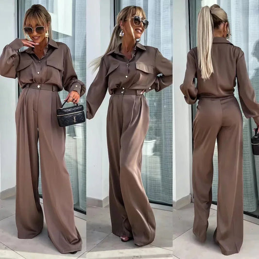 2024 Herbst Pendler elegant 2 Stück Anzug Frauen Frühling Einreiher Revers Shirt weites Bein Hosen Outfit glatte Satin Damen Sets - Blockshop.store