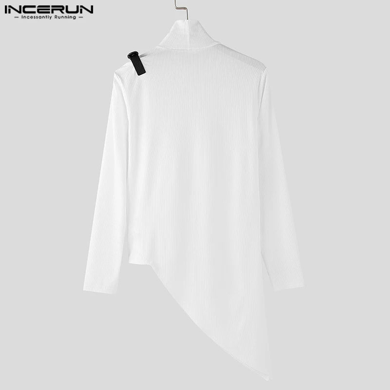 2024 INCERUN Amerikanische Mode Pendeln Tops Männer Langarm Wave Fitting T-shirts Hoher Kragen Textur Gestrickte Einfarbig Tees - Blockshop.store