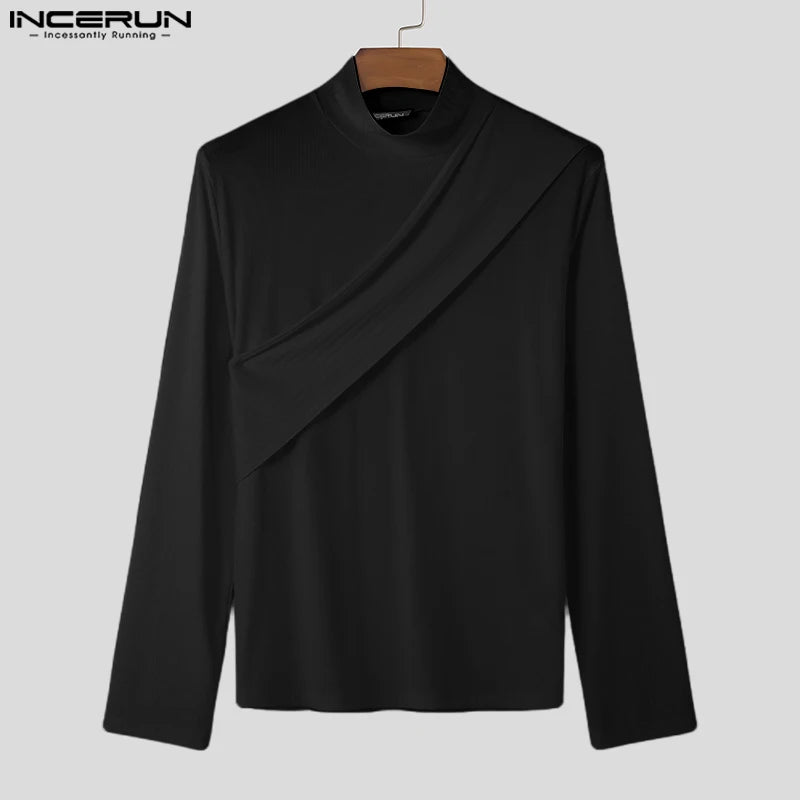 2024 INCERUN Koreanische Mode Tops Männer Casual Streifen Specling T-shirts Elegante Hohe Kragen Gut Sitzende Tees Streetwear Männlichen S - 5XL - Blockshop.store