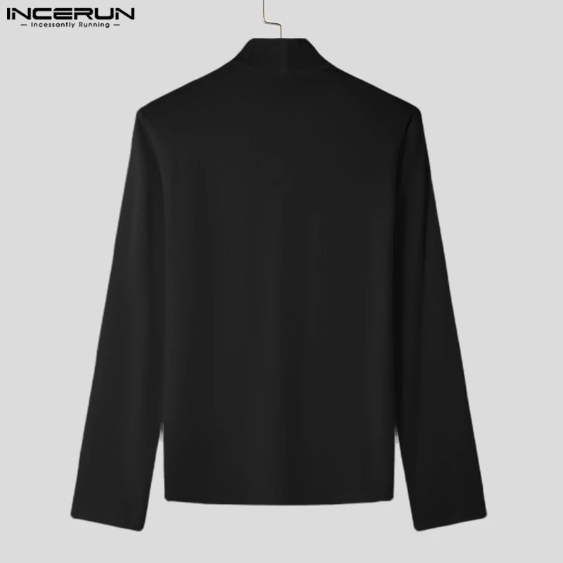 2024 INCERUN Koreanische Mode Tops Männer Casual Streifen Specling T-shirts Elegante Hohe Kragen Gut Sitzende Tees Streetwear Männlichen S - 5XL - Blockshop.store