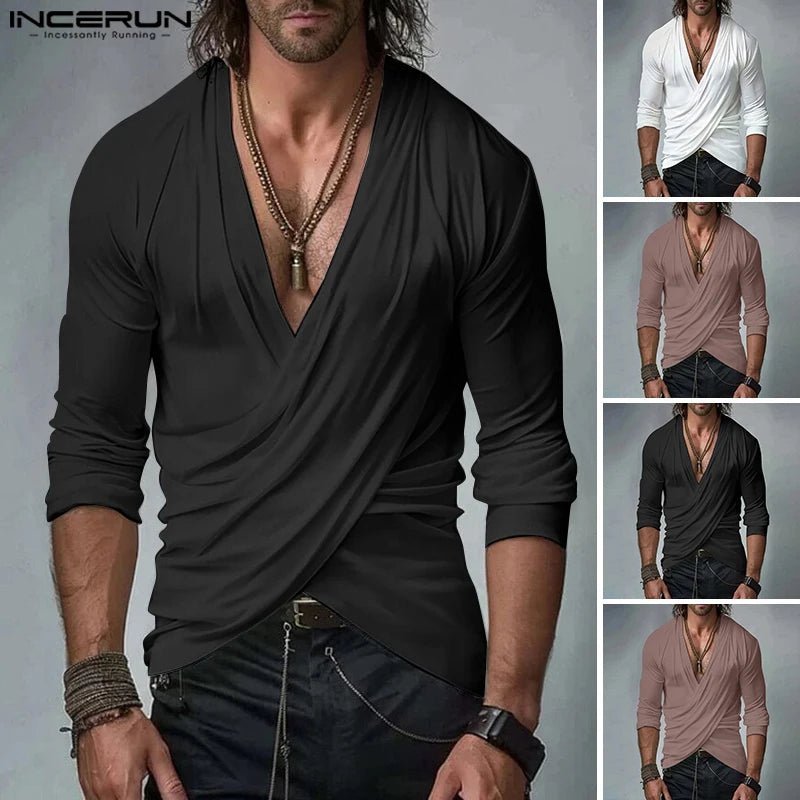 2024 männer Gut Sitzende Tops INCERUN Casual Einfarbig Dekonstruktion T-shirt Gestrickte Kreuz Kragen Sexy Elegante Mode Camiseta - Blockshop.store