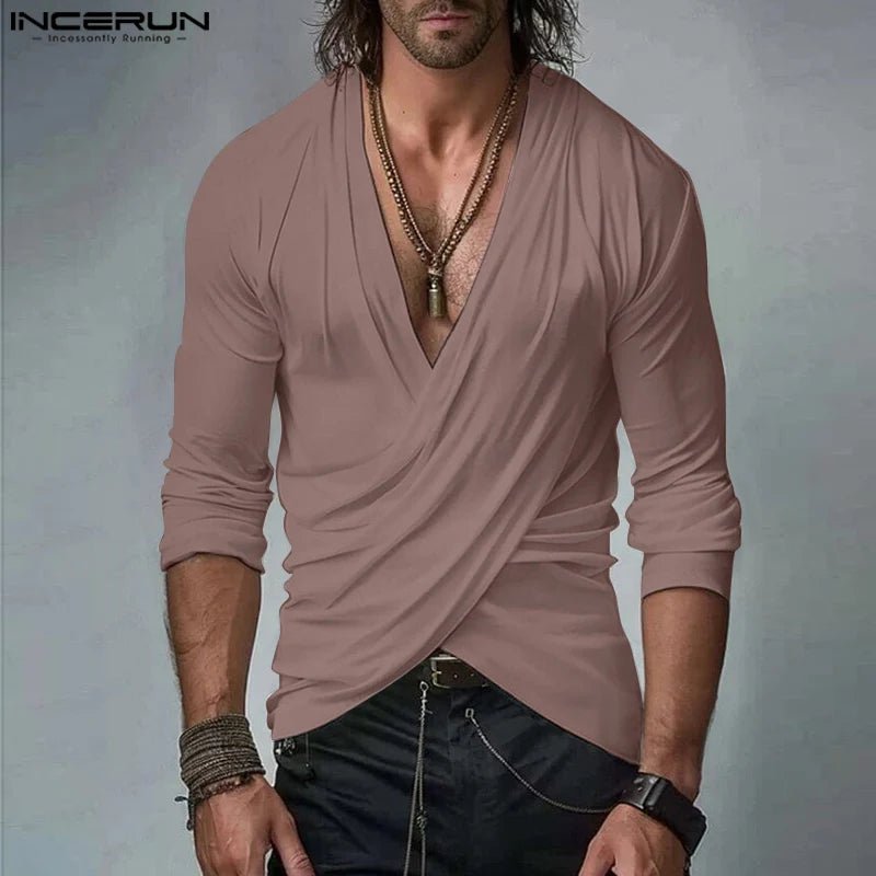 2024 männer Gut Sitzende Tops INCERUN Casual Einfarbig Dekonstruktion T-shirt Gestrickte Kreuz Kragen Sexy Elegante Mode Camiseta - Blockshop.store