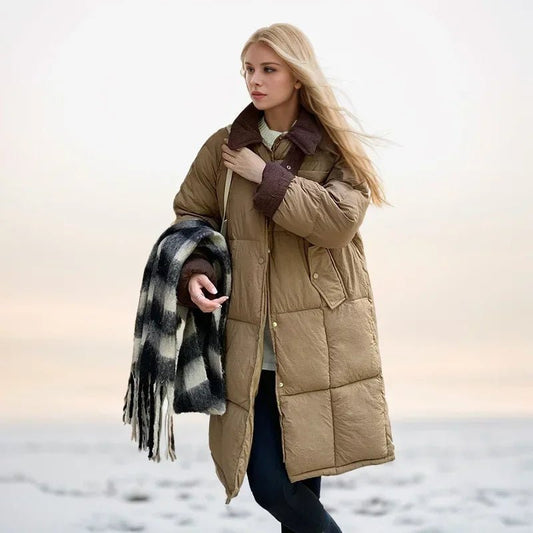 2024 neue Winter Damen Daunen Baumwoll jacke weibliches Revers Kontrast lässig lange Parkas Mäntel Demi - Season Jacke Damen Wintermantel - Blockshop.store