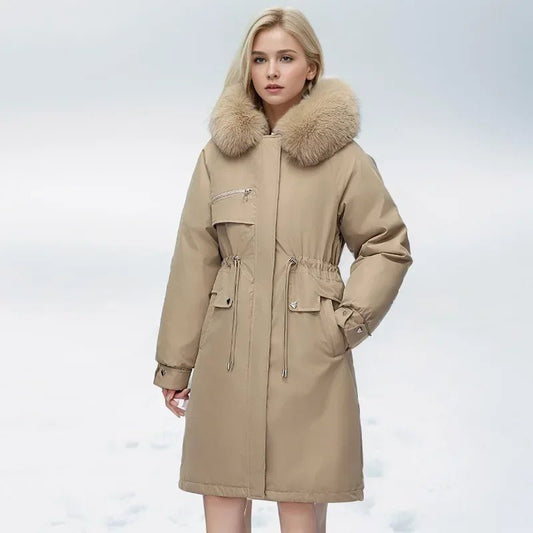 2024 neue Winter Frauen Parka Kleidung lose lange Mantel Wolle Liner Kapuze Daunen Baumwoll jacke Pelz kragen dicken warmen Schnee tragen gepolstert - Blockshop.store