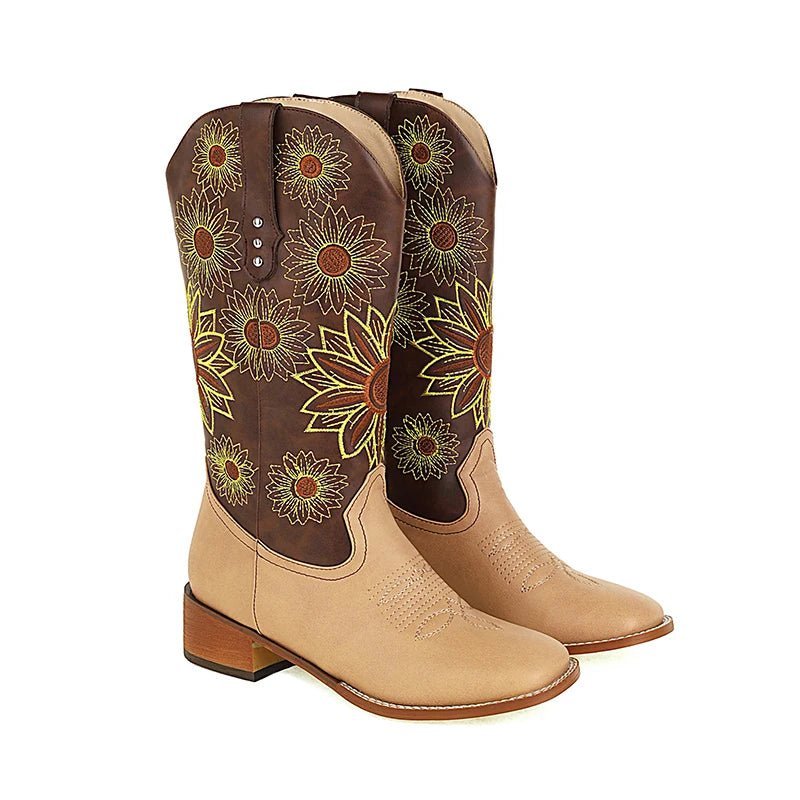 2024 Plus Size ethnische Stickerei Blume Frauen Western Stiefel quadratischen Kopf dicken Absatz Plüsch innere Farbe Kontrast Mitte Wade Stiefel - Blockshop.store