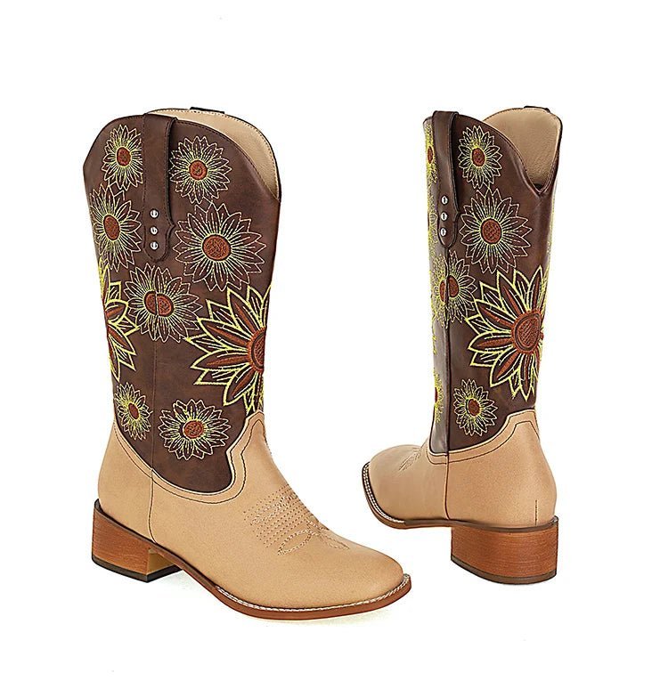 2024 Plus Size ethnische Stickerei Blume Frauen Western Stiefel quadratischen Kopf dicken Absatz Plüsch innere Farbe Kontrast Mitte Wade Stiefel - Blockshop.store