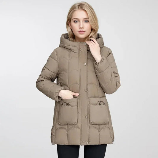 2024 Winter Damen Daunen Baumwolle warme Mäntel neue stilvolle Midi - Länge Kapuze leichte gepolsterte Parkas Taschen lose Jacke weiblich - Blockshop.store