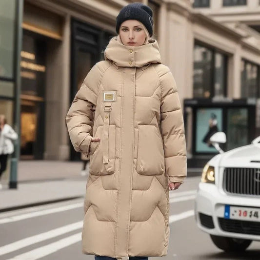 2024 Winter Parka Woman Long Jacket Hooded Thicken Loose Zipper Pockets Warm Snow Wear New Casual Female Down Cotton Padded Coat - Blockshop.store