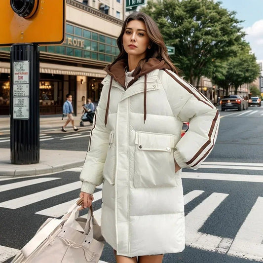 2024 Winter Women's Padded Jacket New Contrast Medium Long Fake Two Piece Down Cotton Jacket Female Hooded Casual Parkas Coats - Blockshop.store