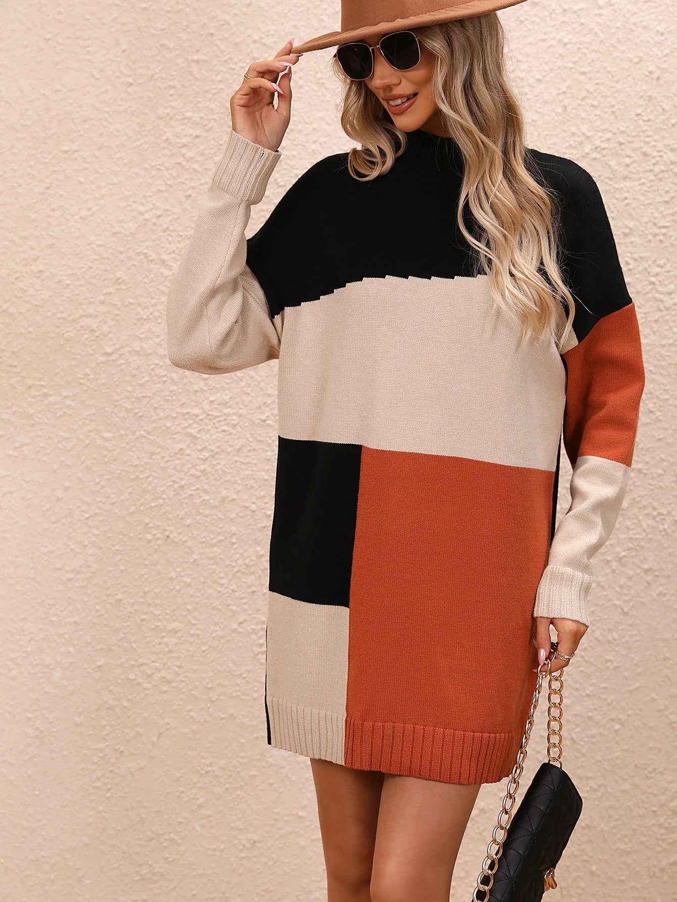 2025, Winter Casual Patchwork Lange Gestrickte Pullover Für Frauen Solide Langarm Pullover Damen Herbst Trend Warme Lose Jumper - Blockshop.store