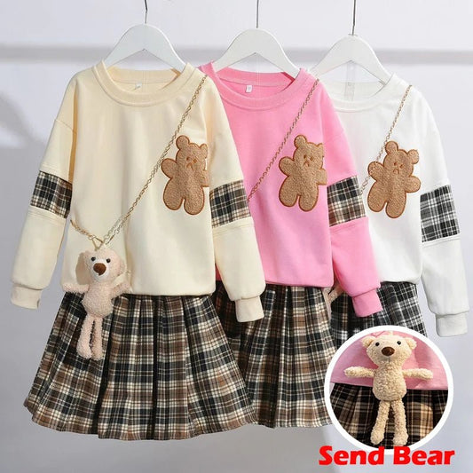 3 - 14 jahre Teenager Mädchen Outfits Nette Bär Sweatshirt + Plaid Rock 2Pcs Anzug Für Mädchen Geburtstag Präsentieren kinder Kleidung Sets - Blockshop.store