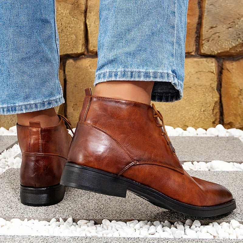 Men's Vintage-Inspired Ankle Boots - Casual Lace-Up, Non-Slip PVC Sole, All-Season Wear