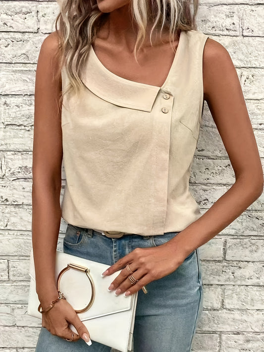 Solid Color Asymmetrical Neck Tank Top, Casual Sleeveless Top For Spring & Summer, Women's Clothing