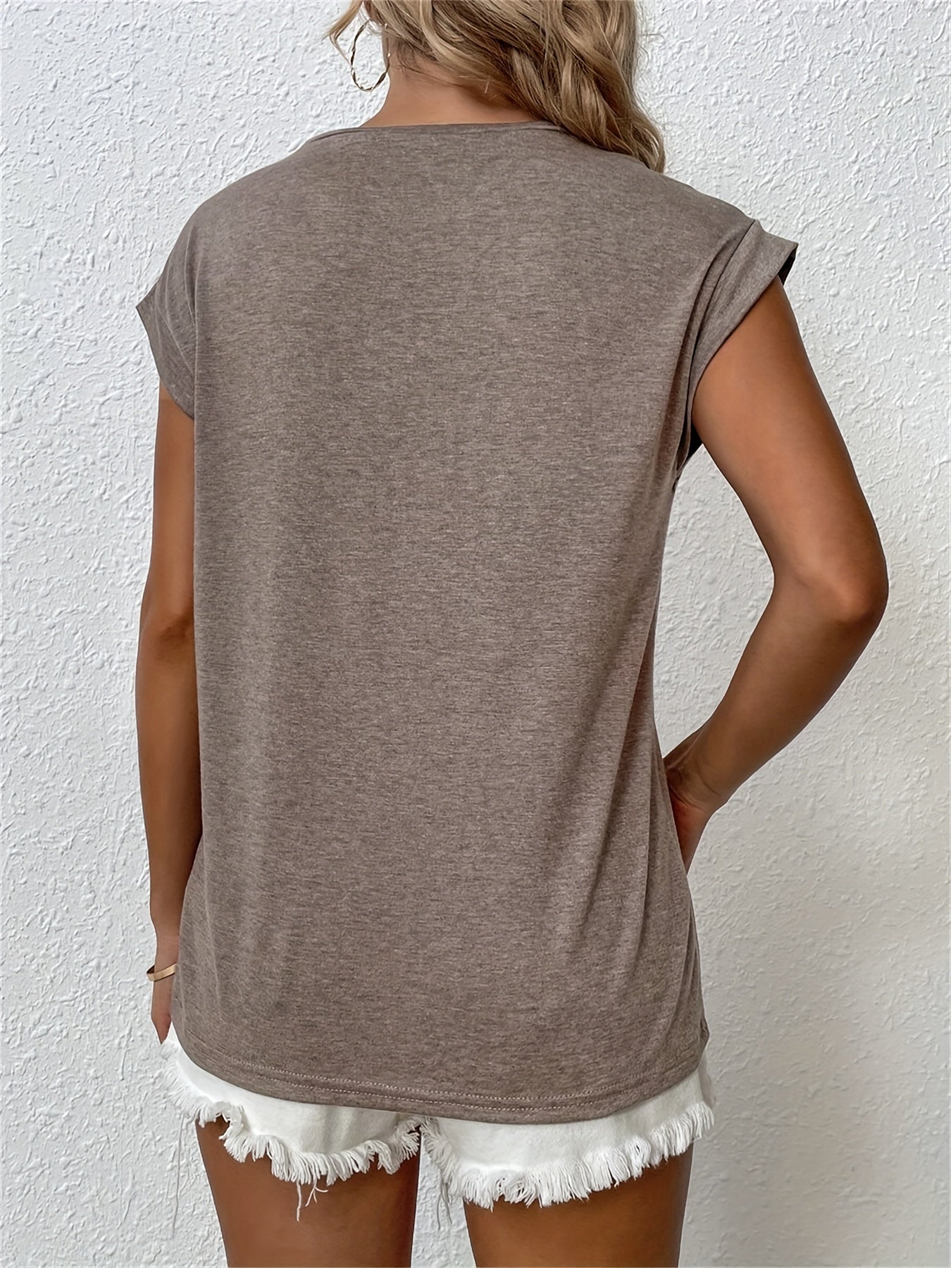 Solid Color Cap Sleeve T-Shirt, Casual Crew Neck Top For Spring & Summer, Women's Clothing