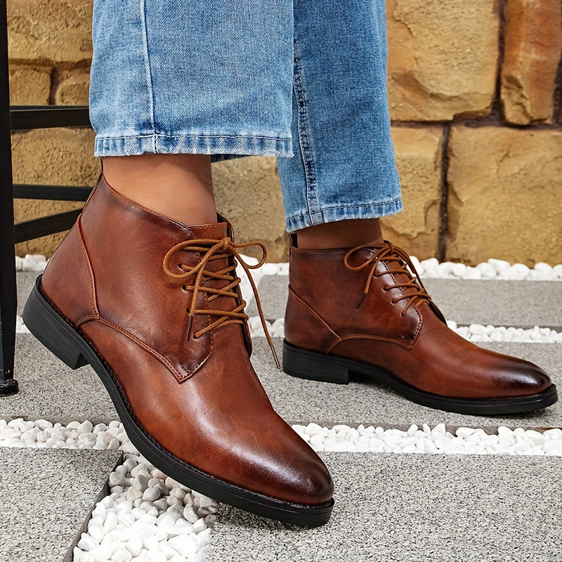 Men's Vintage-Inspired Ankle Boots - Casual Lace-Up, Non-Slip PVC Sole, All-Season Wear