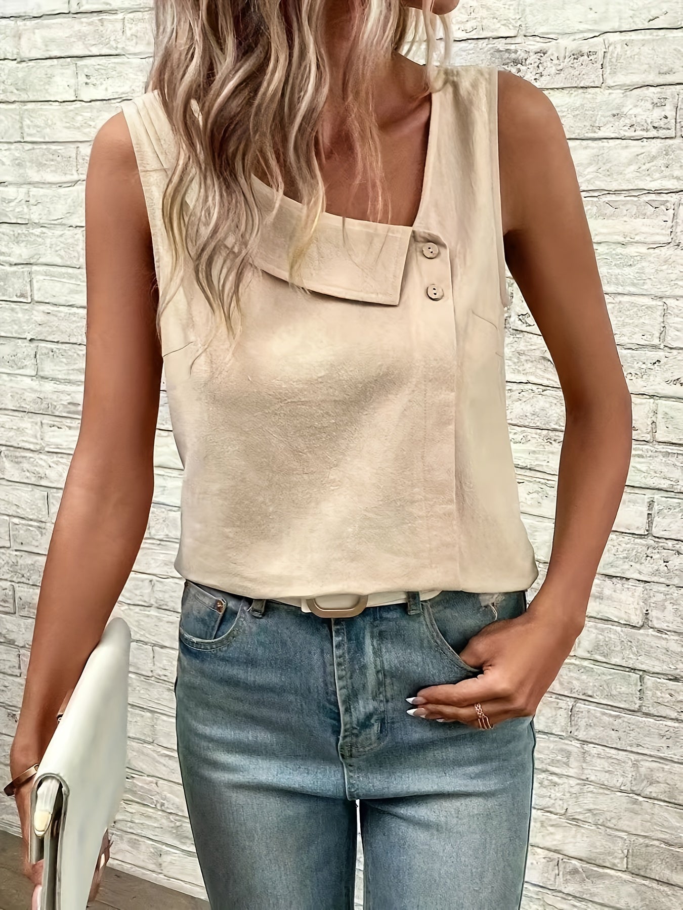 Solid Color Asymmetrical Neck Tank Top, Casual Sleeveless Top For Spring & Summer, Women's Clothing