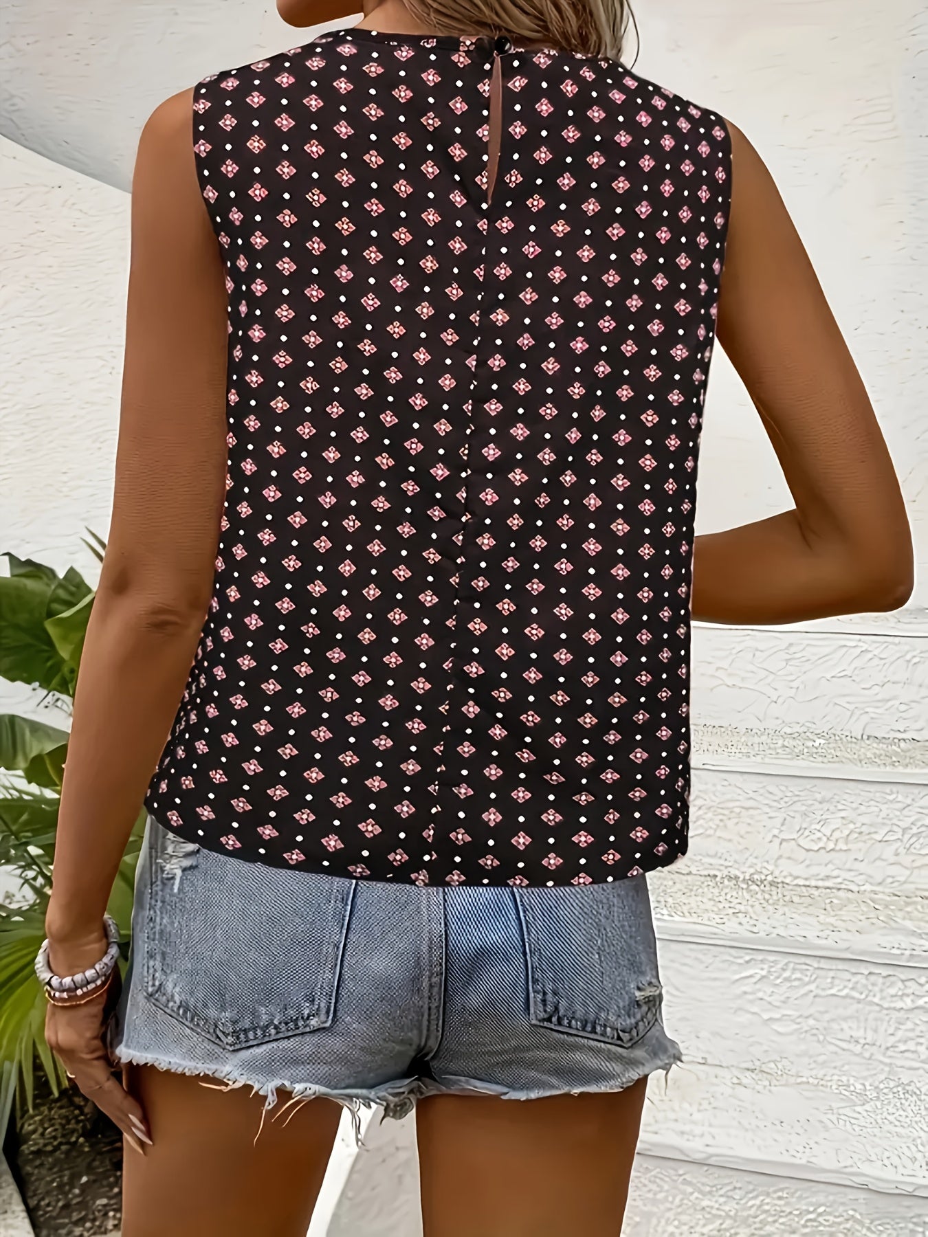 Allover Print Ruched Front Tank Top, Casual Sleeveless Top For Spring & Summer, Women's Clothing