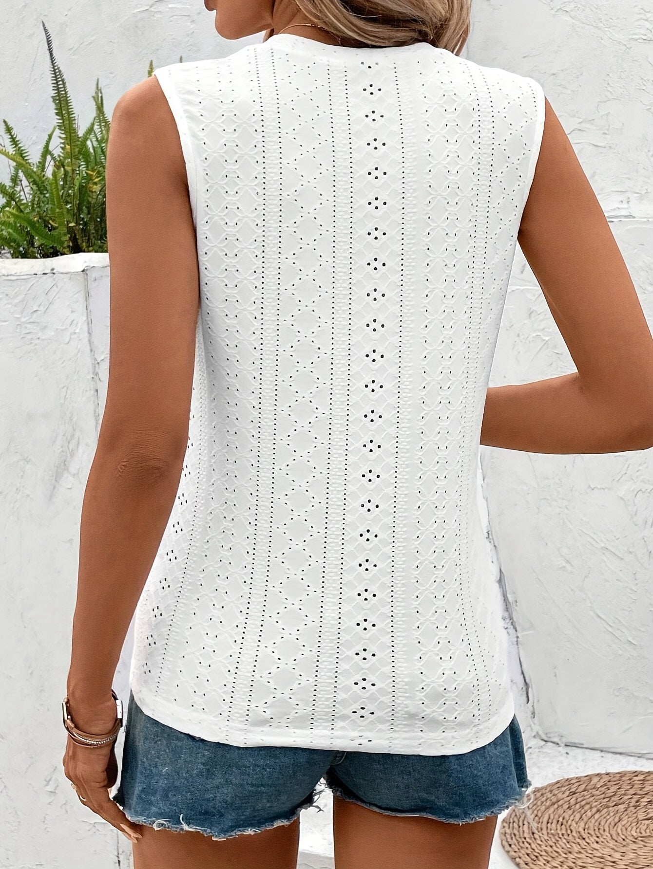 Button Decor Eyelet Embroidered Tank Top, Elegant V Neck Sleeveless Top For Summer, Women's Clothing