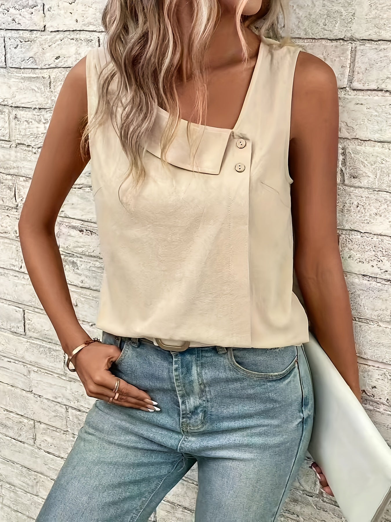 Solid Color Asymmetrical Neck Tank Top, Casual Sleeveless Top For Spring & Summer, Women's Clothing